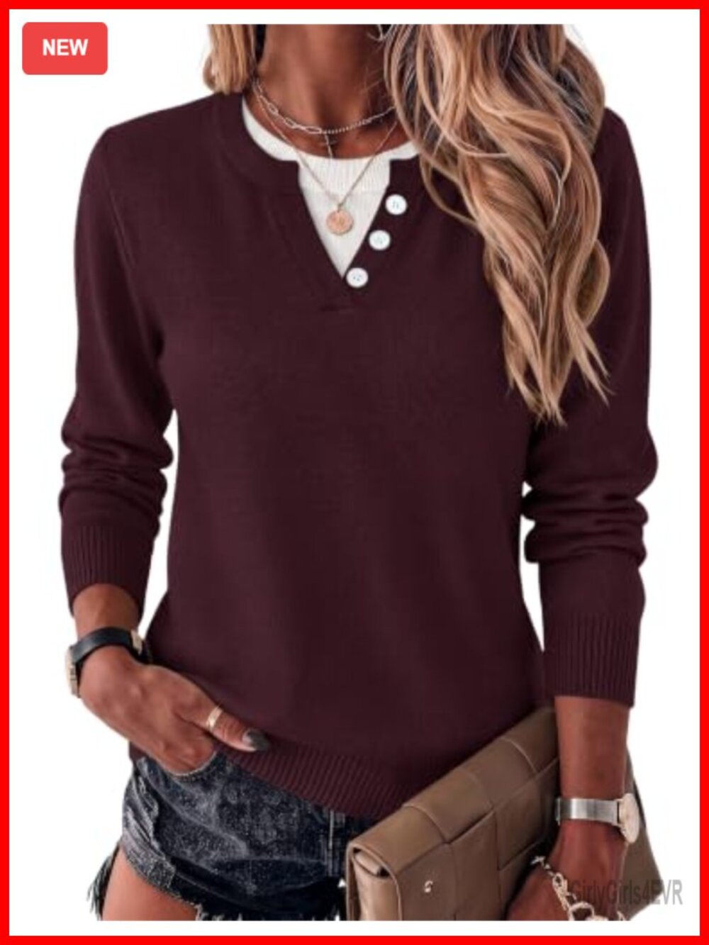 Women's Lightweight Knit Pullover Sweater Faux-Layered Contrast Collar